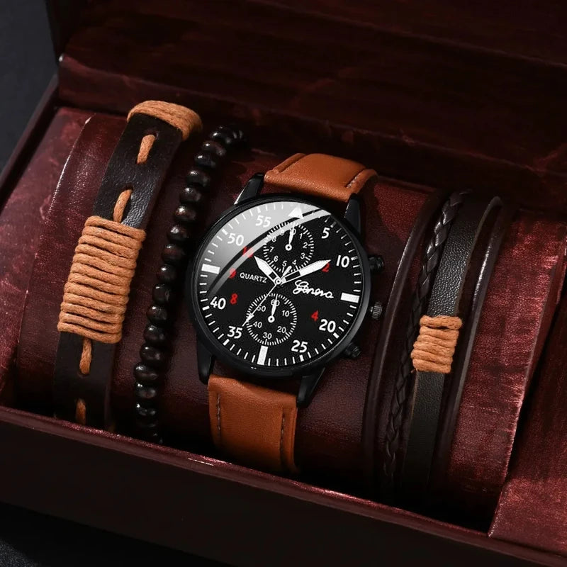 KIT MASCULINO RELOGIO - 4 PEÇAS EM COURO