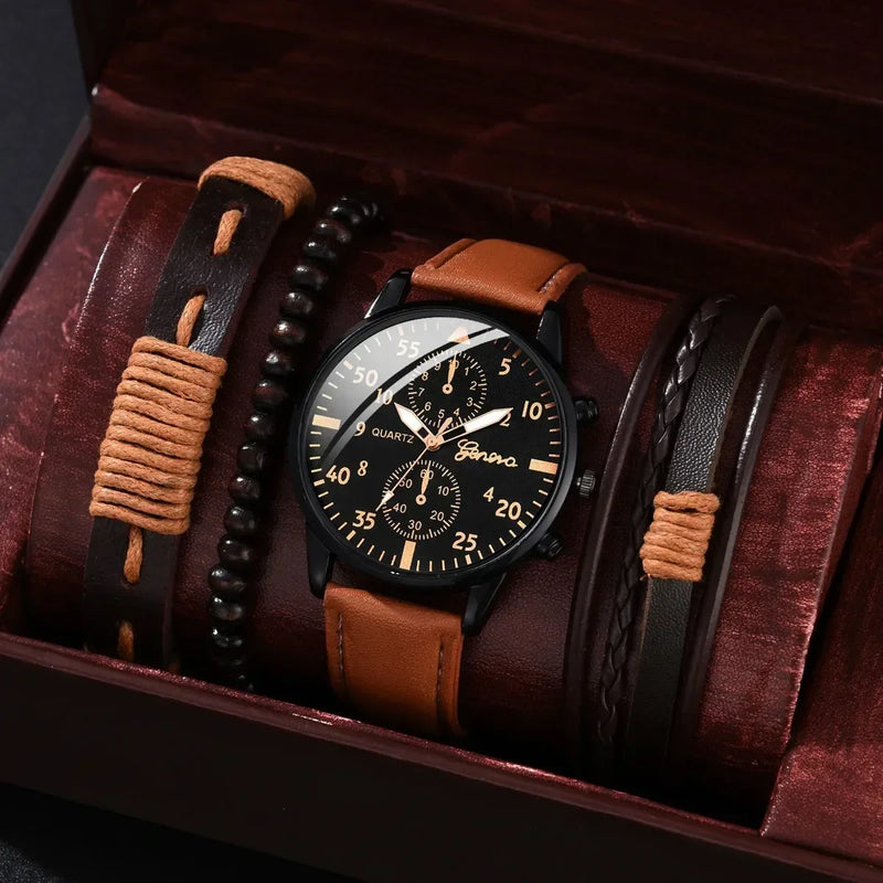 KIT MASCULINO RELOGIO - 4 PEÇAS EM COURO